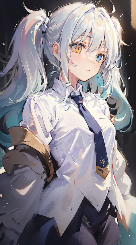 (best quality, masterpiece), 1girl, (female focus), ahoge, white blue hair, ((white shirt), (overfit shrit)), long hair, standin...