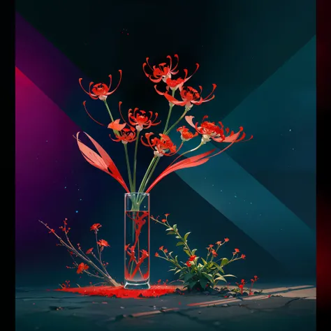 Futuristic flowers, (red spider lily, other side flower, other side garden, hell red, riverside, skeleton), design sense, digital plants, texture, red gradient, deep, octane rendering, masterpiece, best quality,