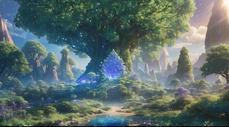 illustration of a hyperrealistic , otherworldly, ultrasky scene featuring a giant crystal tree full body,very detailed and magic...