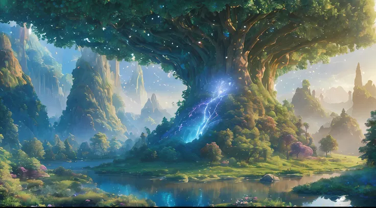 illustration of a hyperrealistic , otherworldly, ultrasky scene featuring a giant crystal tree full body,very detailed and magic...