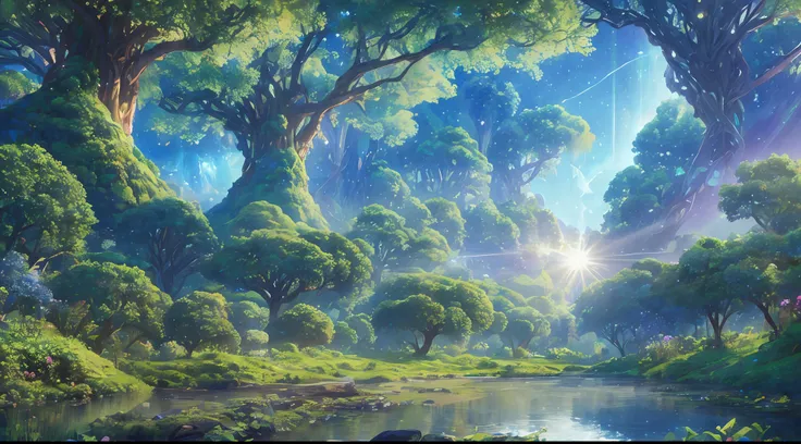 illustration of a hyperrealistic , otherworldly, ultrasky scene featuring a giant crystal tree full body,very detailed and magic...