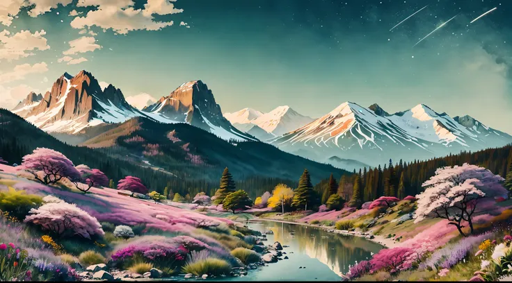 (masterpiece,best quality) PC Wallpaper, Mountain Scenery, High Detail, 4K, Daytime, green valley, spring, blue_sky, building, bush, city, cloud, cloudy_sky, day, field, flower, flower_field, forest, grass, hill, horizon, landscape, mountain, mountainous_h...