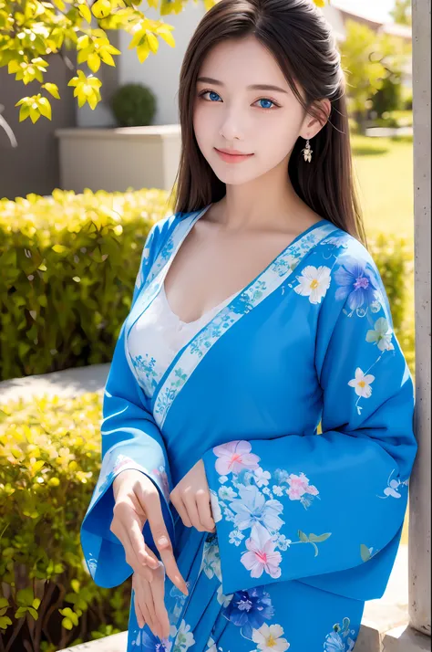 ((masterpiece, top quality, super definition, high definition)), solo, beautiful girl, shining eyes, perfect eyes, 16 years old, fluttering chest, cleavage, blue theme, yukata, fireworks