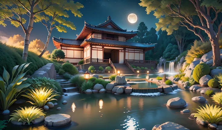 9:16 full picture, ancient chinese architecture, hazy moon, night, garden, bamboo, lake, stone bridge, rockery, arch, corner, ro...