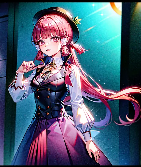 anime girl with red hair and black hat staring at camera, akane owari danganronpa, style of madhouse anime, black anime pupils in her eyes, 1 7 - year - old anime goth girl, gapmoe yandere grimdark, portrait gapmoe yandere grimdark, screenshot from guro an...