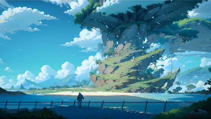 legendary hero walks beach, anime scene with boat island in the sea, anime landscape concept art, anime scenery, anime scenery, ...