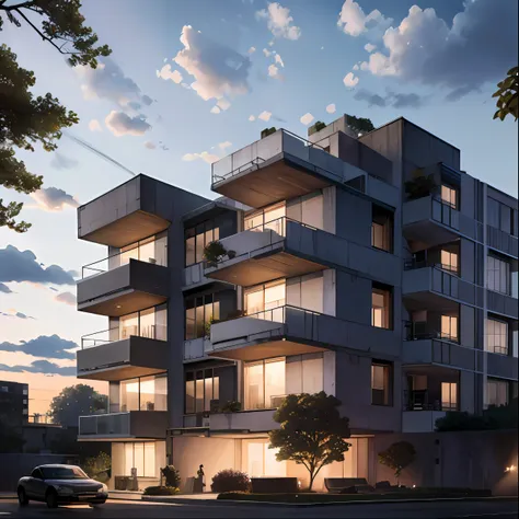 a luxurious house , brutalist architecture ,( le corbusier ), glowing lights , trees , daytime , cloudy sky , sunset