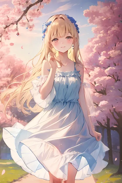 art by Cornflower, dreamy
cherry_blossoms, falling_petals, petals, branch, pink_flower, 1girl,20-year-old, blue_sky, spring_(season), petals_on_liquid, flower, hanami, dress,Wearing a wreath,sky, outdoors, cloud, bangs, smile, pink_eyes, White skirt with c...