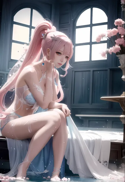 Anime - Style image of a woman in a blue dress sitting in the bathroom, seductive anime girl, Gouviz-style artwork, beautiful and alluring anime woman, 2.5 D CGI anime fantasy artwork, smooth anime CG art, 8K high quality detail art, Guwiz, Guwiz on pixiv ...