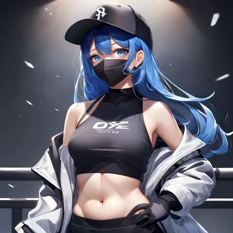 (anime, tone mapped:1.2),
1girl, bare shoulders, baseball cap, black gloves, black headwear, black shirt, blue eyes, blue hair, ...