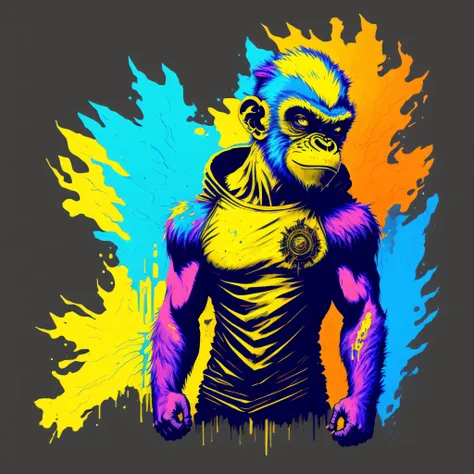 (a portrait of cyberpunk monkey with colored fluid), t-shirt logo in conical fine outline style, spelling vision, art on (empty ...