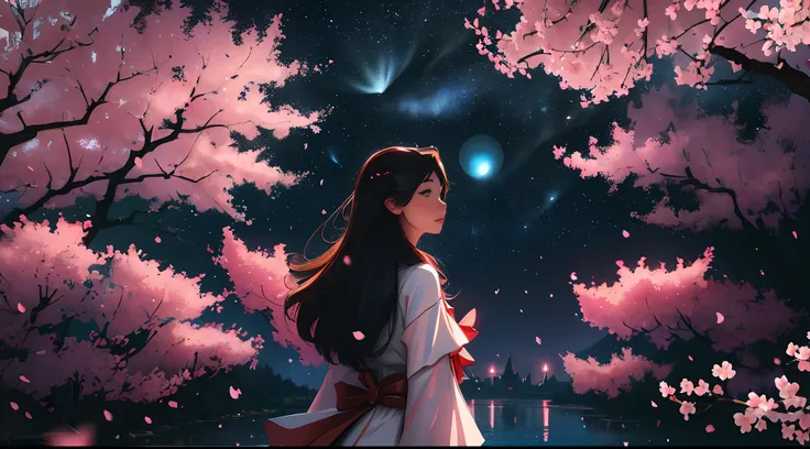 linemoto cherry blossoms (night), (highly detailed cg unified wallpaper 8k) (highest quality), girl looks up at the night sky (b...