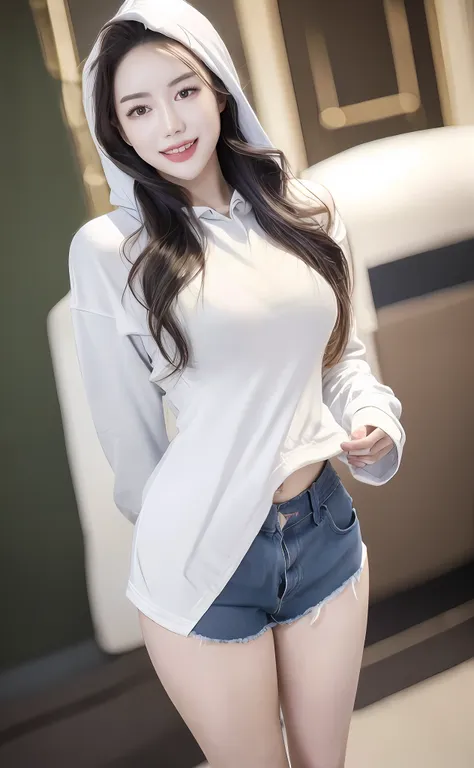 realism, 8k, 1girl, long wavy curls, pale skin (chinese beauty), (smiling) young beauty, thick eyebrows, ((d cups)), hoodie ((go...