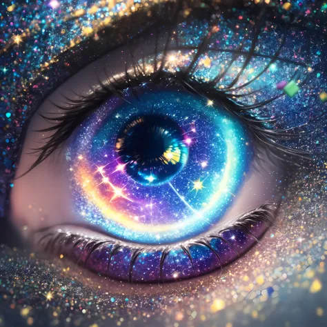 galaxy in  eye, surrealism, color field painting, high detail, blind box toy style, social realism, modern, anime, realism, hype...