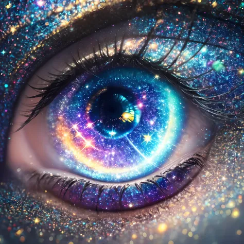 a close up of a person's eye with a galaxy in the background, galaxy in eyes, the eye of the universe, galaxy in the eye 👁️, sta...