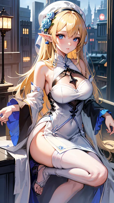 anime girl with blue eyes and blonde hair in a white dress, detailed digital anime art, elf girl, seductive anime girl, detailed anime art, detailed anime artwork, guweiz, clean detailed anime art, 8k high quality detailed art, loish and wlop, beautiful an...