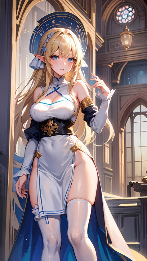 anime girl with blue eyes and blonde hair in a white dress, detailed digital anime art, elf girl, seductive anime girl, detailed anime art, detailed anime artwork, guweiz, clean detailed anime art, 8k high quality detailed art, loish and wlop, beautiful an...