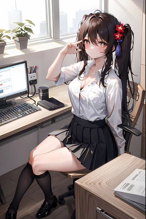 hu tao, 1girl, solo, ((white shirt)), black thighhighs, breasts, cleavage, uniform, office background, black skirt, pleated skir...