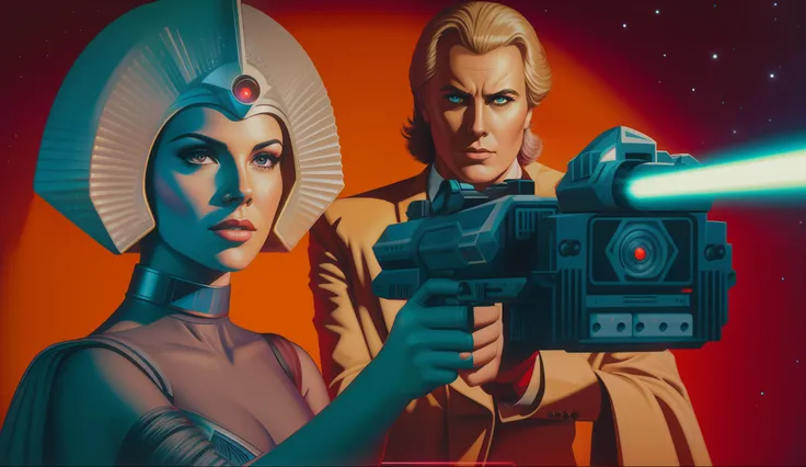 a woman holding a laser gun beside a man, poster art by adam rex, featured in cg society, retrofuturism, reimagined by industria...