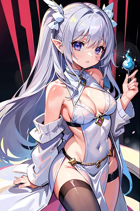 (MASTERPIECE), (Best Quality), (Ultra Detail), Official Art, One Girl, Silver-haired Lori, Petite Little Girl, Loli, Blue and White See-Through Robe, Sleeveless, Off Shoulder, Small, Small, Small, Underboob, Cleavage, Thigh Focus, White Wings, Card Illustr...