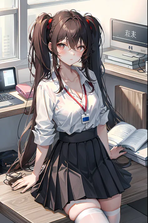 hu tao, 1girl, solo, ((white shirt)), black thighhighs, breasts, cleavage, uniform, office background, black skirt, pleated skir...