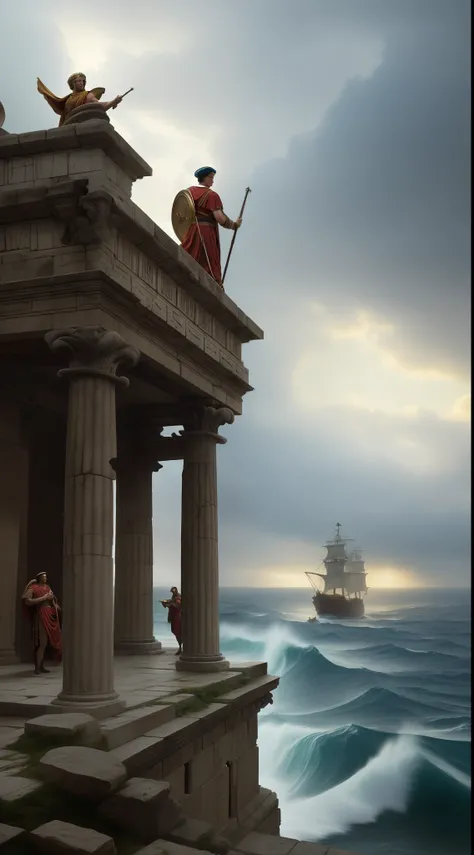 (masterpiece, UHD, illustration, detailed:1.3 by Greg Rutkowski), Julius Caesar, (ancient Roman attire:1.4), laurel wreath crowning his head, standing on the deck of a pirate ship, looking out at the (roaring sea:1.3), commanding presence, intricate detail...