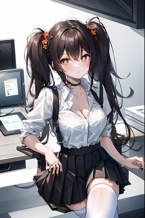 hu tao, 1girl, solo, ((white shirt)), black thighhighs, breasts, cleavage, uniform, office background, black skirt, pleated skir...