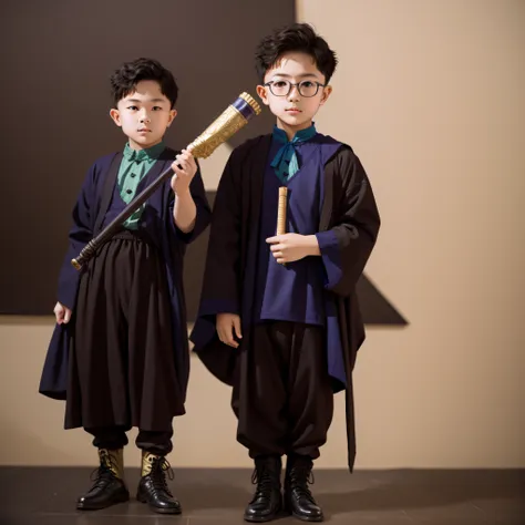 an asian boy dressed in harry potter clothes with a scepter, in a school of witchcraft and wizardry, extremely detailed raw phot...