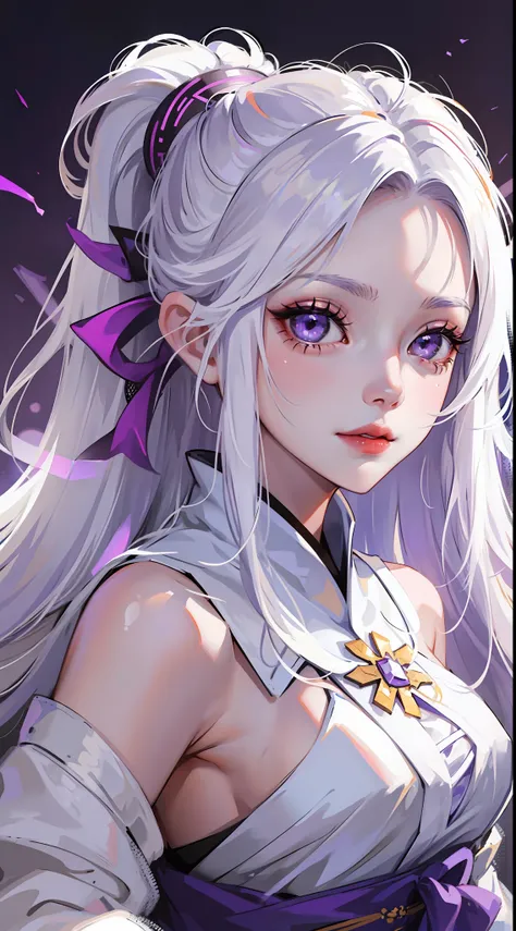 Young girl, long white hair, high ponytail, purple eyes, white hanfu, smirk, ice claws, lightning, masterpiece, high quality