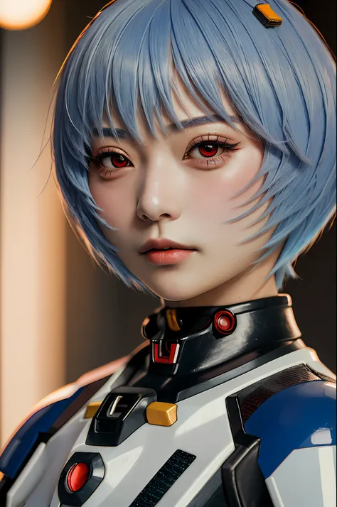 1girl, solo, photography, portrait of reiayanami girl, bokeh, realistic, absurdes, detailed,