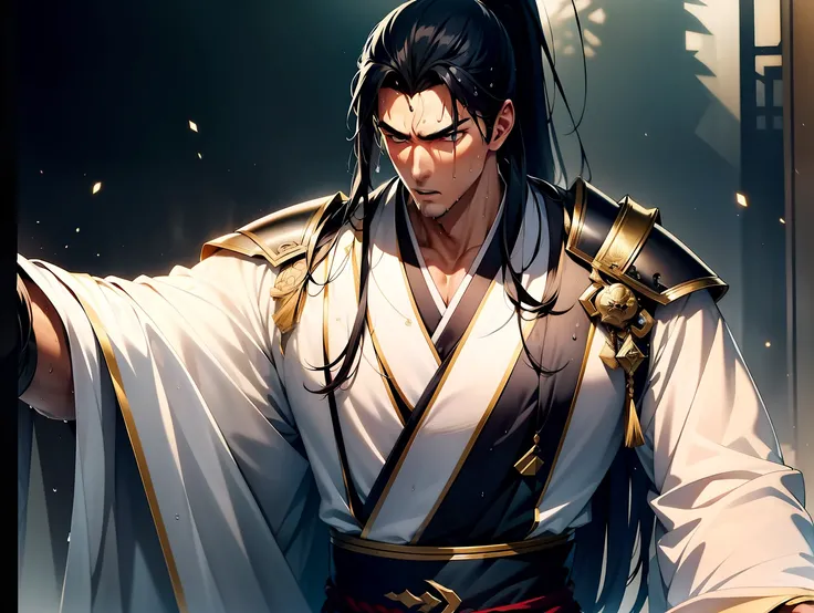 Two-dimensional, anime style, man (male warrior), muscle, correct proportions, face details, martial arts, high ponytail hairstyle, sweating, sweaty face, drooling, neck details, with Adams apple, wet, wet, Hanfu costume, long robe, embroidered robe, drago...