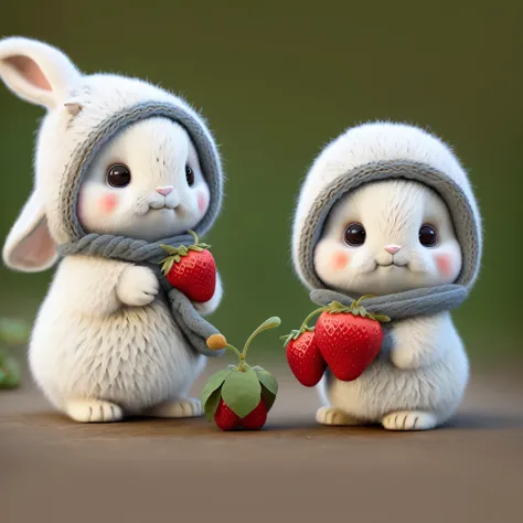 :3. Rabbit, realistic, hairy, clothed animal, apple, bear, teak, cherry, food, fruit, full body, hat, non-human, strawberry, tomato, watermelon