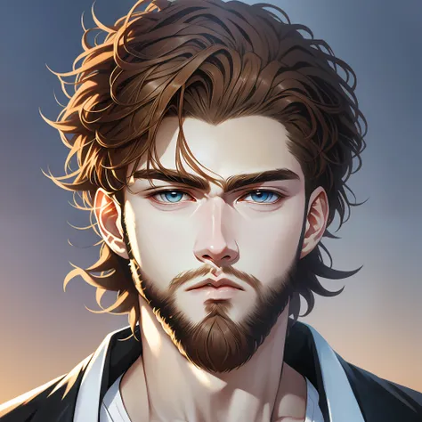 superior quality, anime style, anime image, man (light brown hair with modern and spiky cut, light eyes, white skin, with beard)...