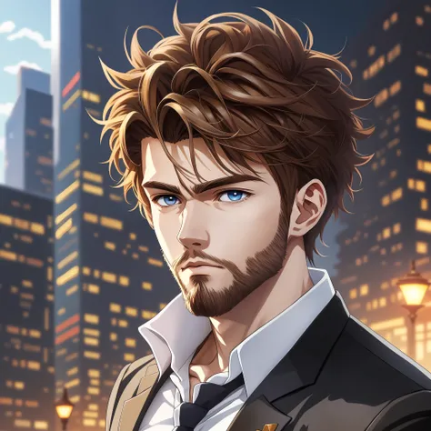 Superior quality, anime style, anime image, anime style avatar, man (light brown hair with modern and spiky cut, light eyes, white skin, with beard), only the face, wearing high school clothes. --auto --s2