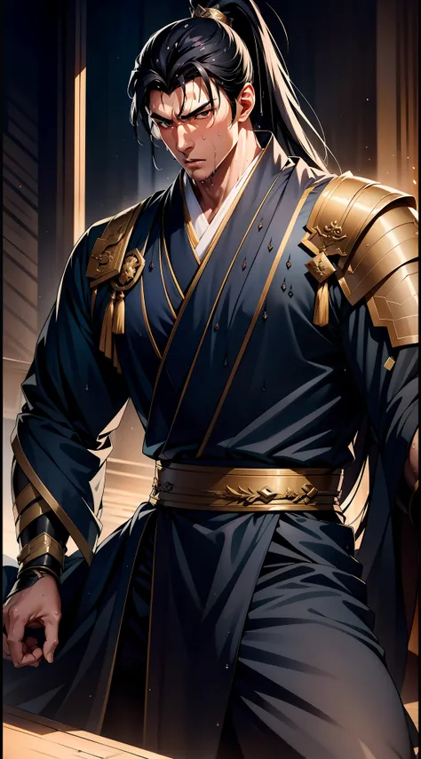 Two-dimensional, anime style, man (male warrior), muscle, correct proportions, face details, martial arts, high ponytail hairstyle, sweating, sweaty face, drooling, neck details, with Adams apple, wet, wet, Hanfu costume, long robe, embroidered robe, drago...