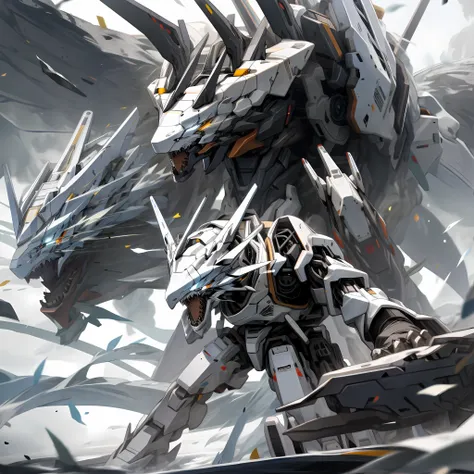 white and black mecha, dragon helmet, claw weapons