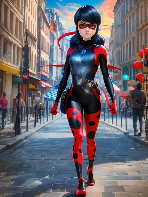 a full body photo, alexandra daddario, 14 years old, like ladybug from miraculous, city of paris, style of (steve mccurry), niko...