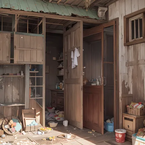 in the old dilapidated house, there is a small box and a bunch of snacks next to it