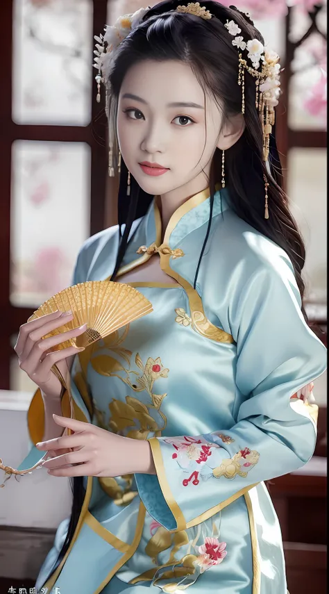 a beautiful woman wearing an embroidered cheongsam, holding a tuan fan (蒲fan) in her hand, looking at you thoughtfully, antique ...