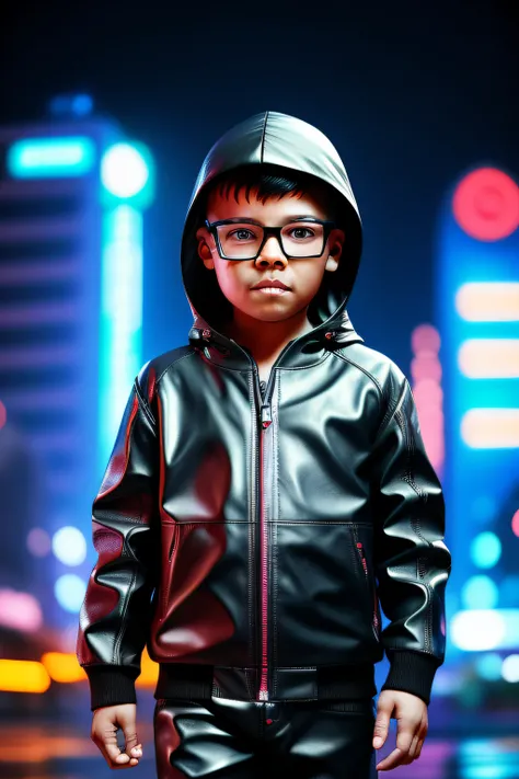 guttonerdvision4, a 3 year old boy wearing glasses, detailed skin and face, half body, with hooded leather clothing, cyberpunk style, neon, colored lights, ultra realistic rainy cyberpunk city scenery, realistic character,