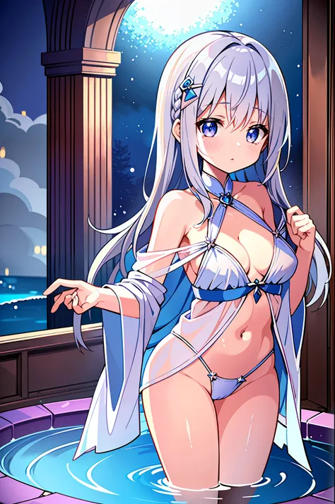 (MASTERPIECE), (Best Quality), (Ultra Detail), Official Art, One Girl, Silver-haired Lori, Petite Little Girl, Loli, Blue and White See-Through Robe, Sleeveless, Off Shoulder, Small, Very Small, Small, Underboob, Cleavage, Thigh Focus, Navel Out, White Win...