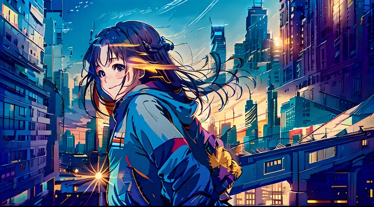 1girl, Smiling girl facing me, braid, long purple hair, modern hoodie, mini skirt, Converse shoes, modern city, on the edge of skyscape roof, noon, sun, blue sky, clouds, (taken from behind)), low angle, volumetric lights, 8K, top quality, sharp, detail, m...