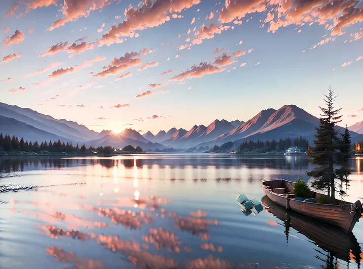 on a calm lake, a tree, mountains behind it, a sunset landscape, a rock in front, a boat next to it, on the highest peddling map...