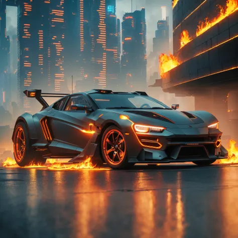 ((cyberpunk futuristic car on fire)) ((realistic lighting, best quality, 8k, masterpiece:1.3)) focus:1.2,carved abs:1.1, (outdoo...