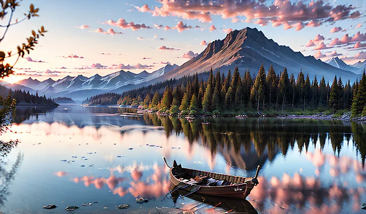 there is a tree in the middle of a calm lake, mountains in the back, sunset scenery, a rock in the foreground, a boat on the sid...