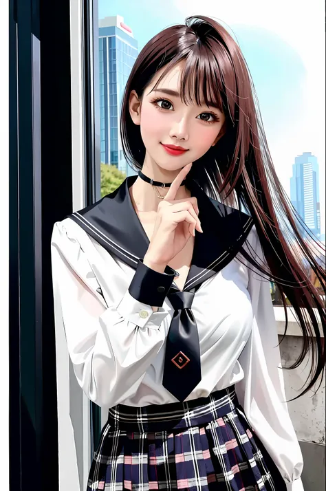 masterpiece, best quality, full body, 1girl, bangs, black choker, black necktie, black hair, blue skirt, blush, bracelet, breast...