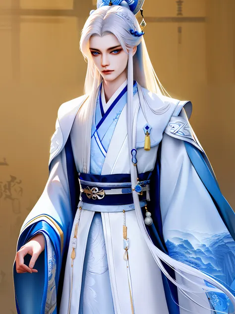 best quality, masterpiece, very detailed wallpaper, long hair, 1boy, white hair, solo, hair accessories, blue eyes, hanfu, ancie...