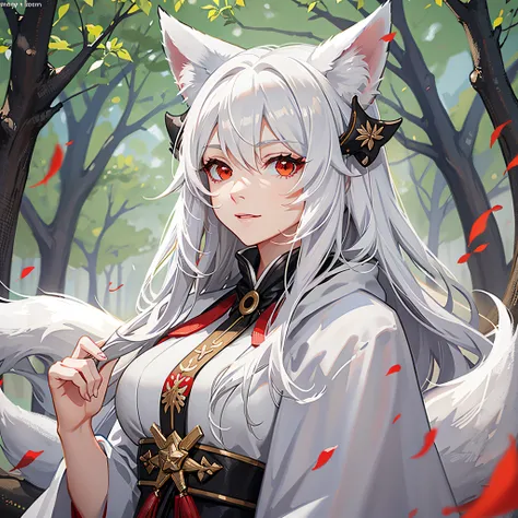 fox, female, white hair, red eyes, wearing a white robe with furry fox ears