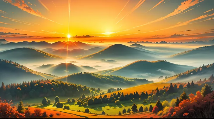 an image that depicts a radiant sunrise over a tranquil and serene landscape