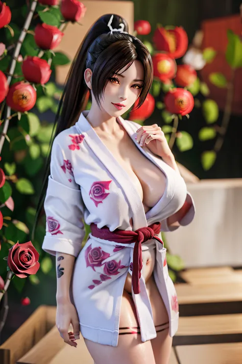 Full body, solo, MaiShiranui,  (Japanese bathrobe:1.5),  bangs, black hair, blunt bangs, ( gigantic breasts:1.4), lips, long hair, moles under the mouth, purple eyes, slightly dilated lips, smile, wet skin, Wet hair,  shame,Standing amidst the falling cher...